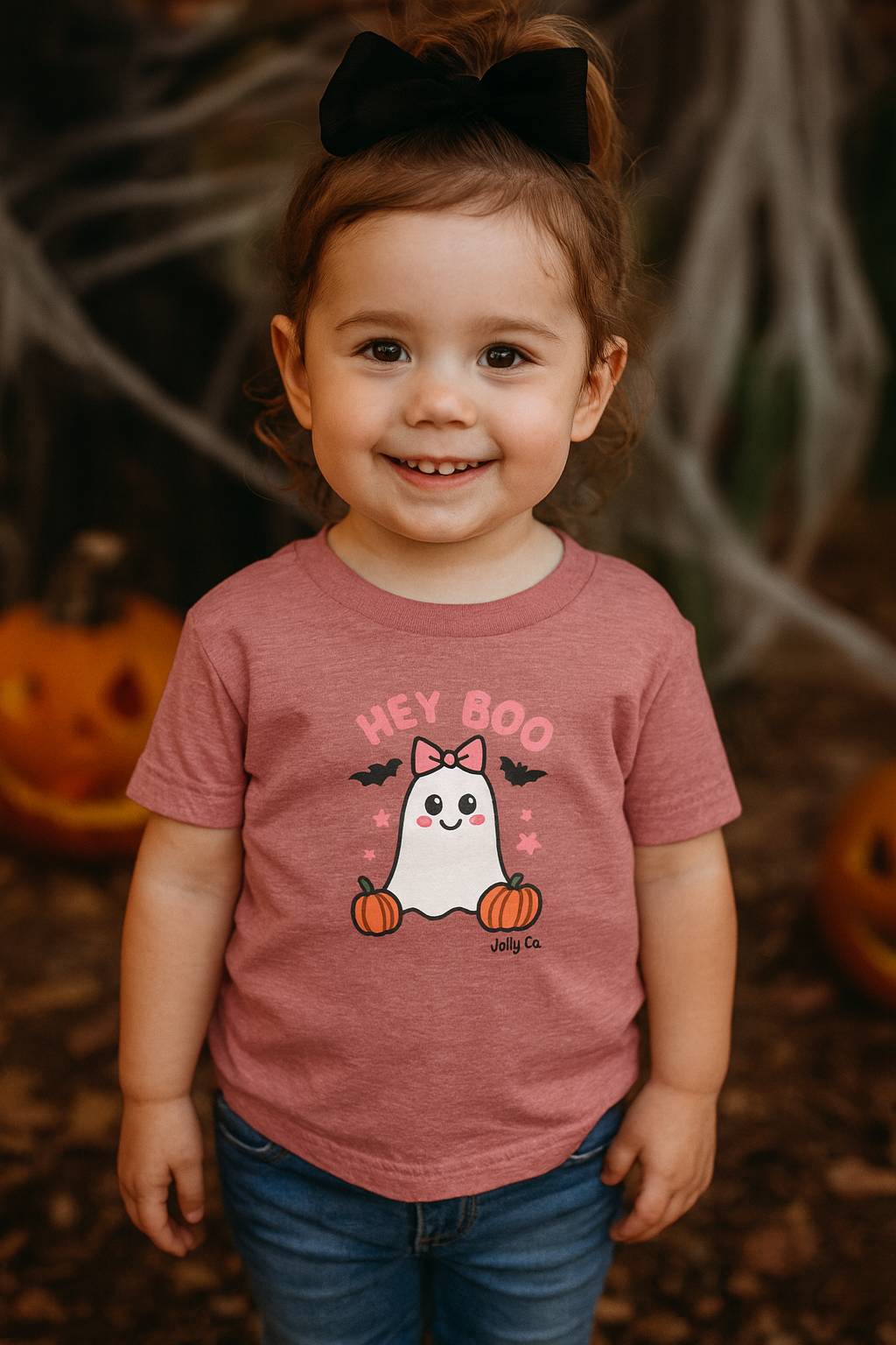 Child wearing a pink Halloween-themed t-shirt with a ghost design, standing in a dark setting with pumpkins.