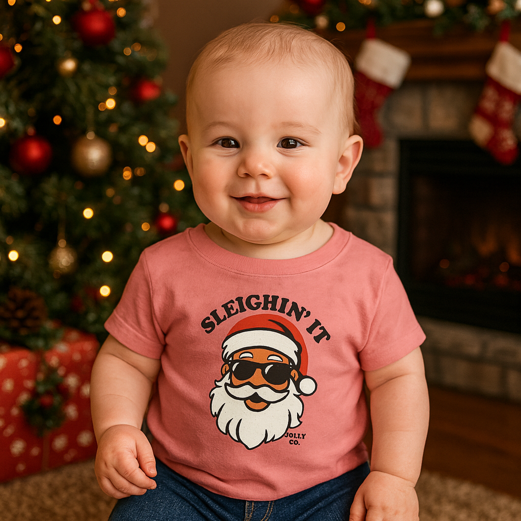 Child wearing a pink shirt with a Santa Claus graphic and 'Sleighin' It' text, standing in front of a Christmas tree and fireplace.
