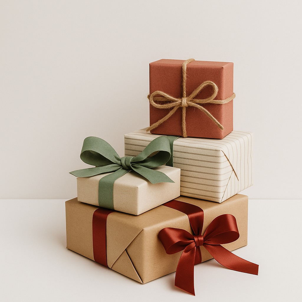 Stack of gift boxes with ribbons on a light background