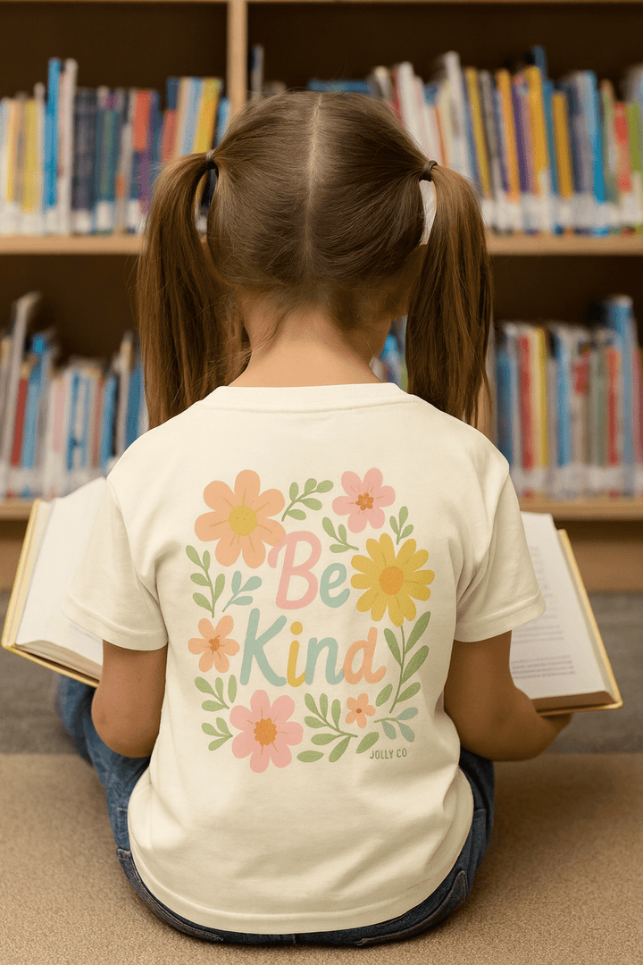 Rainbow and Flowers, Be Kind Kids Short Sleeve Tee - Jolly Co Creations