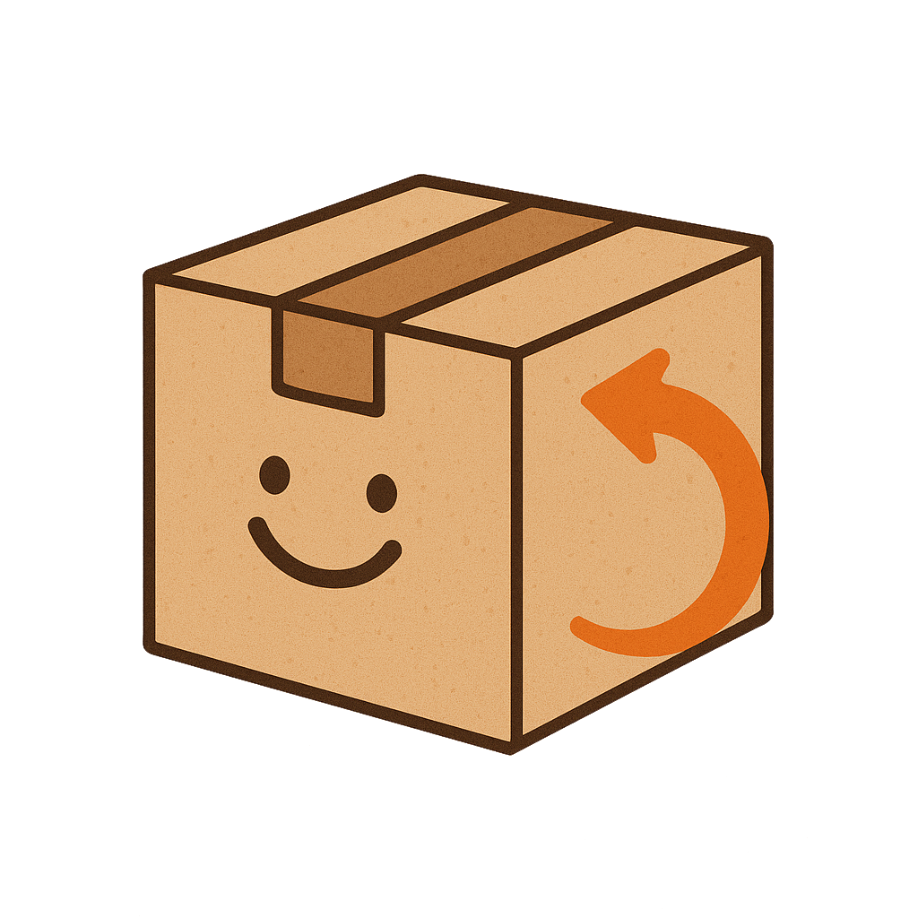 Cartoon cardboard box with a smiley face and recycling symbol on a white background