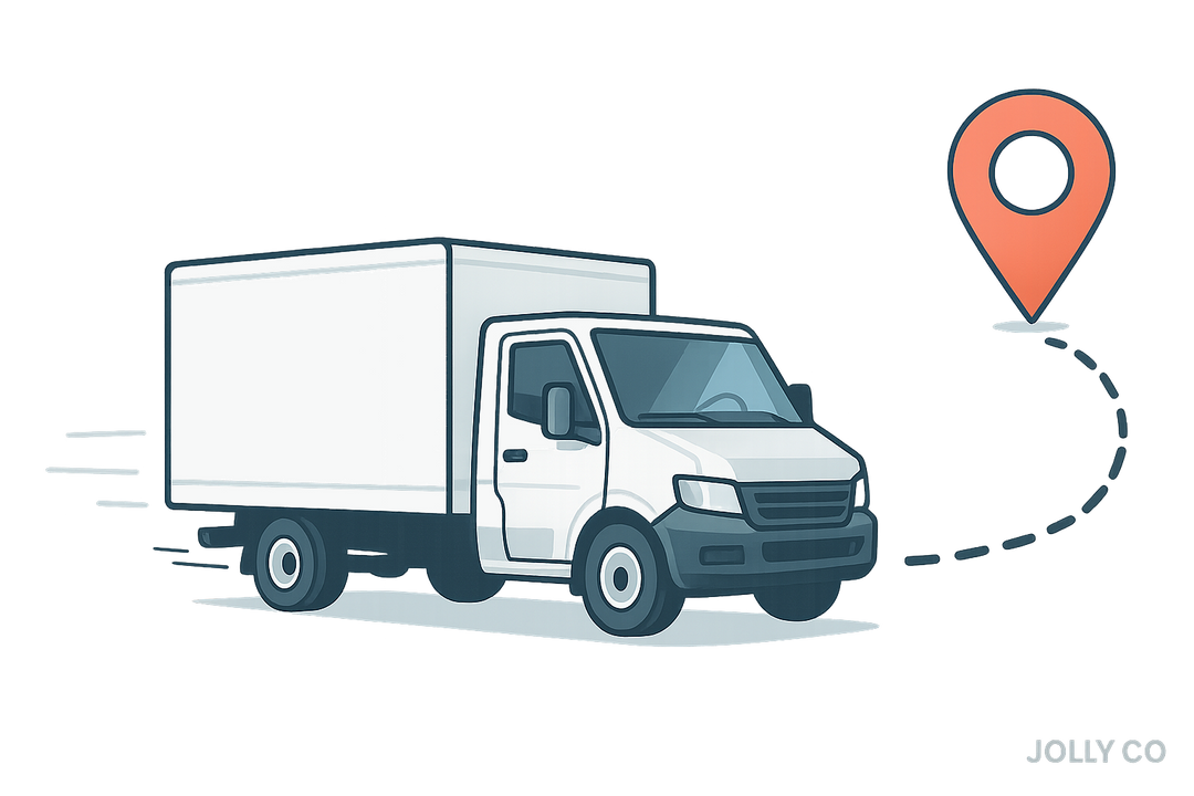Illustration of a delivery truck with a location marker, representing logistics or delivery services.